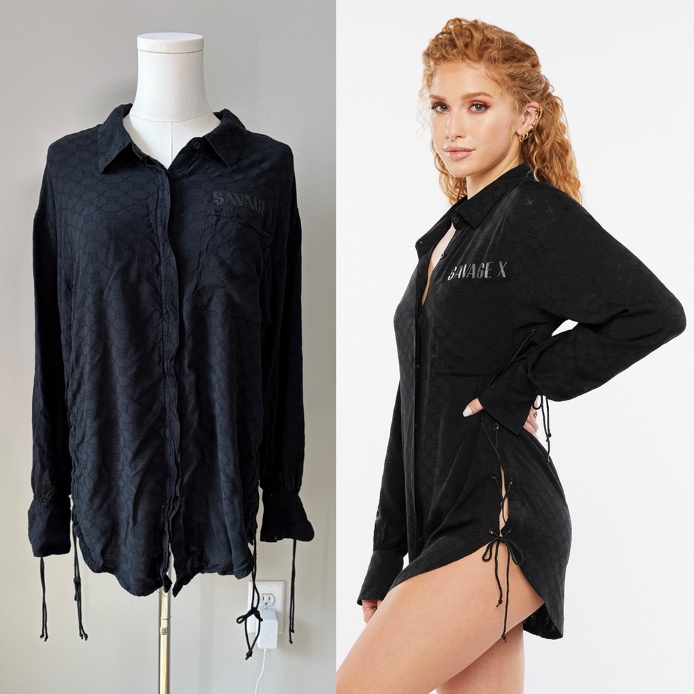 Savage x Fenty Black Woven Voile Monogram Long Sleeve Lace Up Detail Sleep Shirt